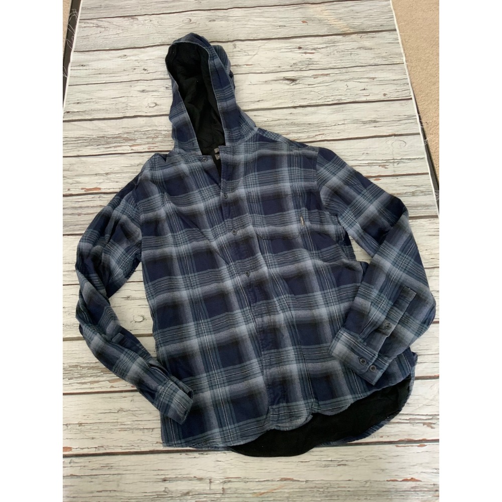Eddie Bauer Mens Blue Black Plaid Hooded Flannel Shirt Classic Fit Large‎ L